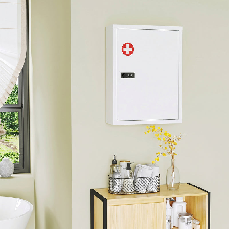 Locking Medicine Cabinet with Combination Code for Safe Organised Storage White Red
