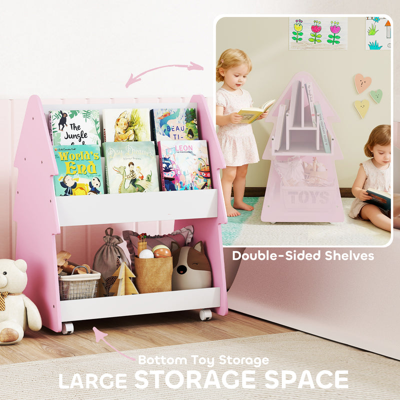 3 Tier Kids Bookshelf With Toy Storage And Wheels For Bedroom Or Playroom Pink AOSOM