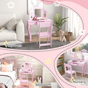 Kids Dressing Table Set with Stool Mirror and Drawer for Bedroom Playroom Use, Pink
