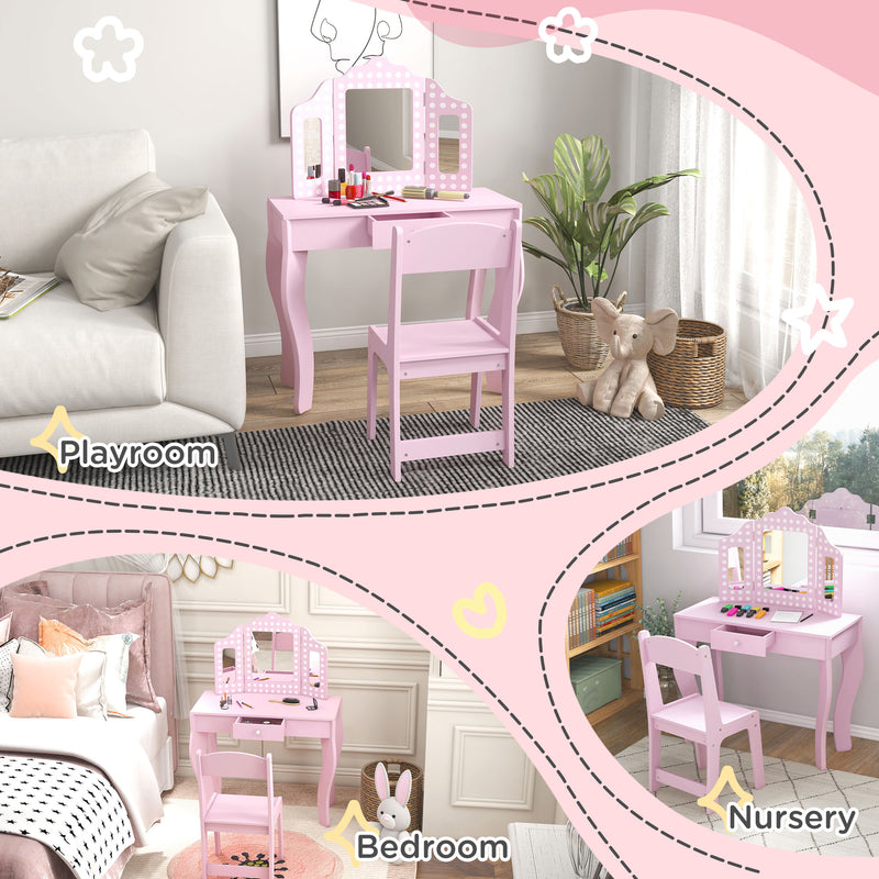 Kids Dressing Table Set with Stool Mirror and Drawer for Bedroom Playroom Use, Pink
