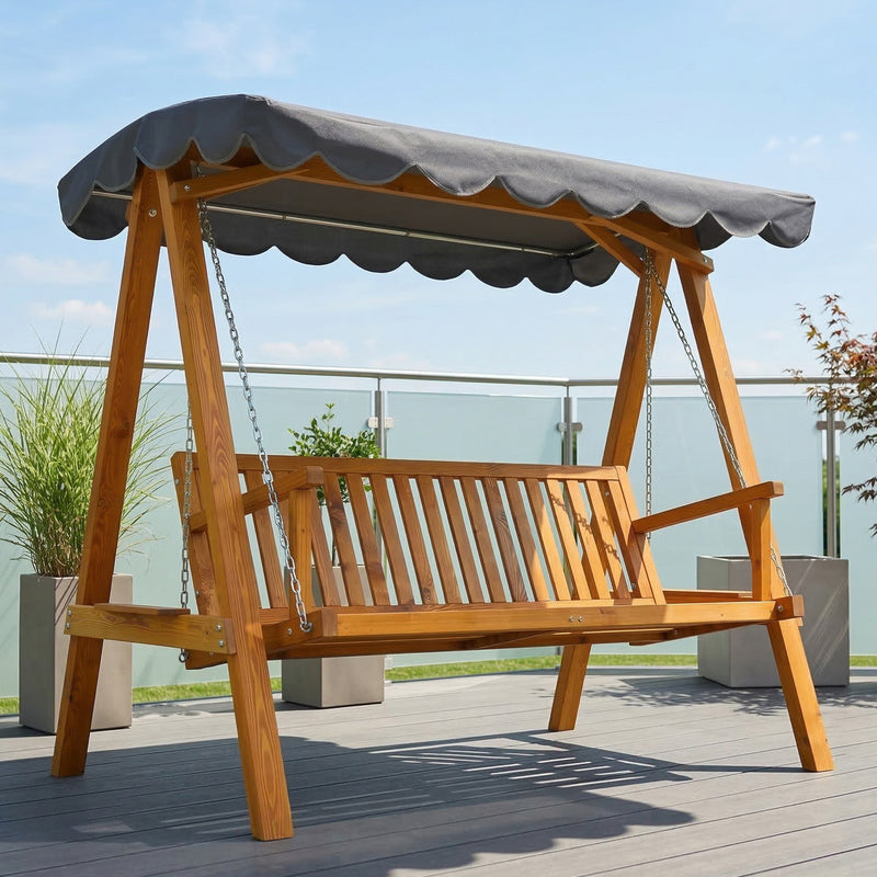 3 Seater Wooden Garden Swing Seat with Canopy for Outdoor Relaxing Pine Wood Frame Dark Grey Outsunny