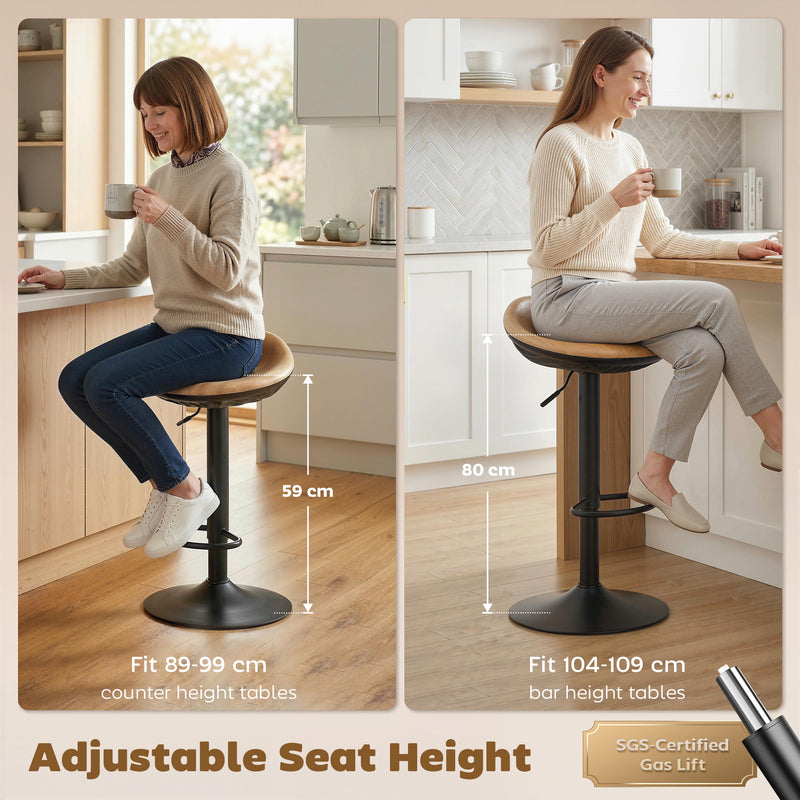 Adjustable Kitchen Bar Stools Set of 2 with Swivel and Easy Clean Seats Oak Black AOSOM