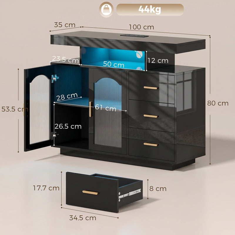 Sideboard with Organised Storage and Built In Charging Hub for Living Room Black