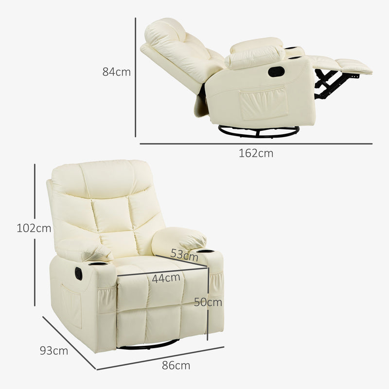Manual Reclining Swivel Armchair With Footrest And Cup Holders For Lounge Use, Cream