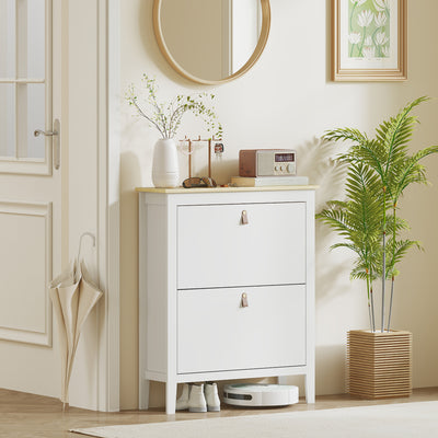 White Two Drawer Shoe Storage Cabinet with Modern Slim Design