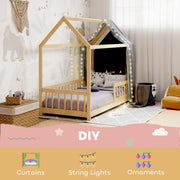 Wooden Kids House Bed Frame with Safety Guard Rails for Children Single Bed Natural AOSOM