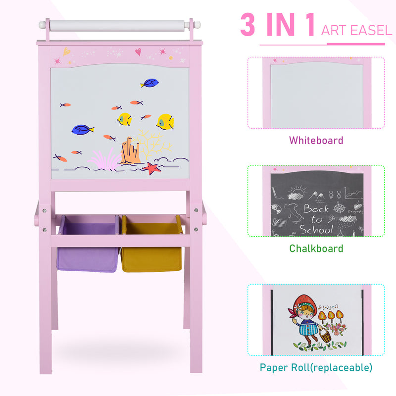 Pink Wooden 3 in 1 Kids Art Easel With Chalkboard Whiteboard and Storage Baskets