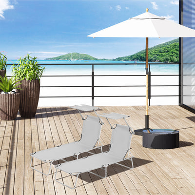 Light Grey Folding Sun Lounger Set with Adjustable Backrest and Sunshade for Garden Patio