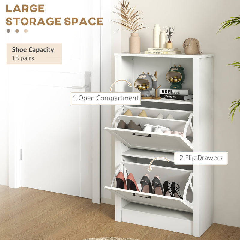 White Narrow Shoe Cabinet with Flip Drawers and Adjustable Shelves for Hallway Storage