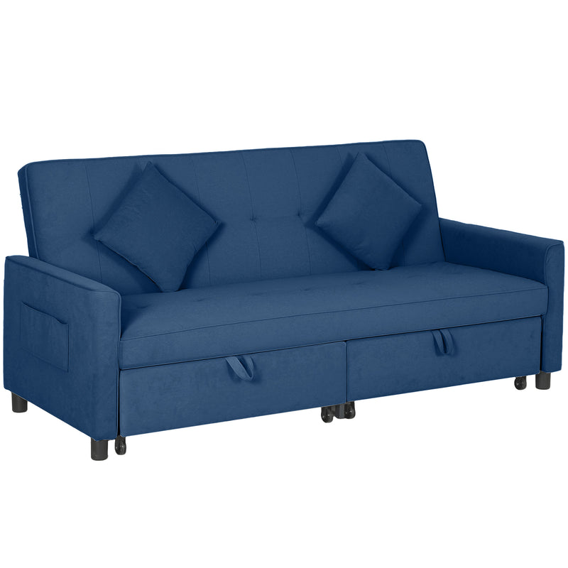 Blue Three Seater Velvet Feel Sofa Bed Comfortable and Stylish by HOMCOM
