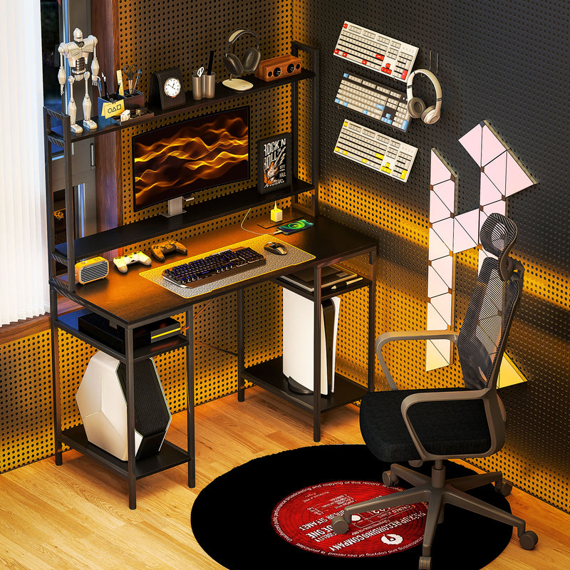 Black Computer Desk with LED Lights and Power Outlets Home Office Gaming Desk by HOMCOM