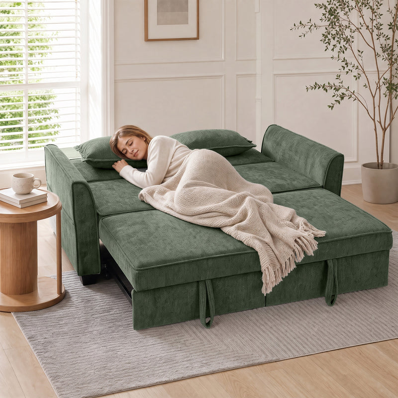 Sofa Bed for Small Spaces with Dual Pull Out Beds and Storage Pockets Dark Green