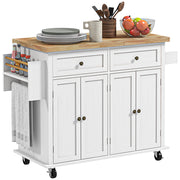White Rolling Kitchen Island Trolley with Rubber Wood Top and Storage Drawers by HOMCOM