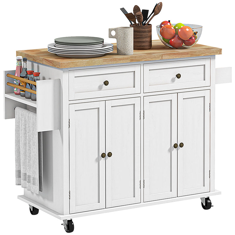 White Rolling Kitchen Island Trolley with Rubber Wood Top and Storage Drawers by HOMCOM