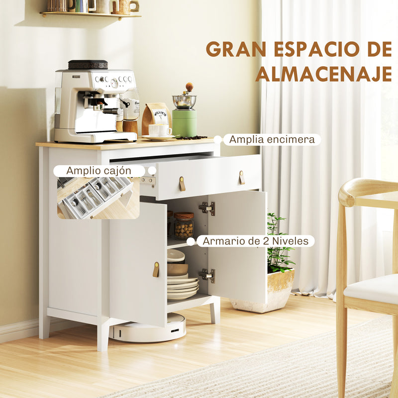 White Farmhouse Style Sideboard with Storage Shelves and Drawers
