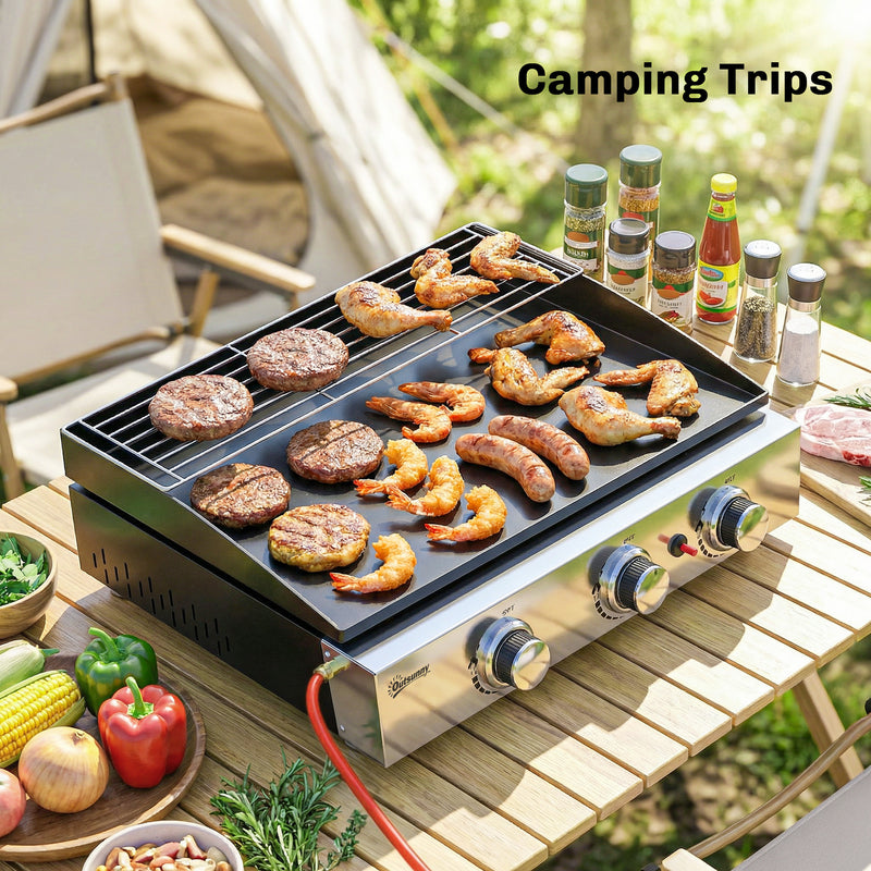 Gas BBQ with 3 Burners and Warming Rack for Easy Outdoor Cooking Black