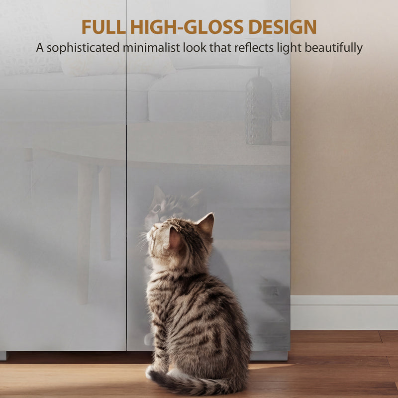 Tall Cupboard For Kitchen Storage with Adjustable Shelves and Soft Close Doors Modern Grey High Gloss 68x34x180cm