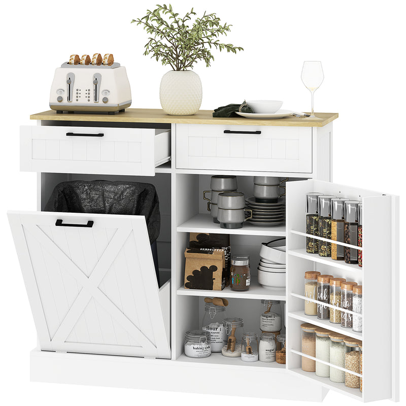 Kitchen Sideboard with Hidden Tilt Out Rubbish Bin and Storage Drawers White AOSOM