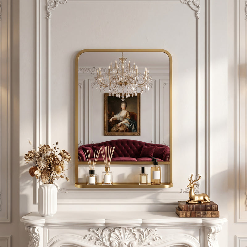 Hallway Wall Mirror with Shelf for Keys and Essentials Medium Size Gold