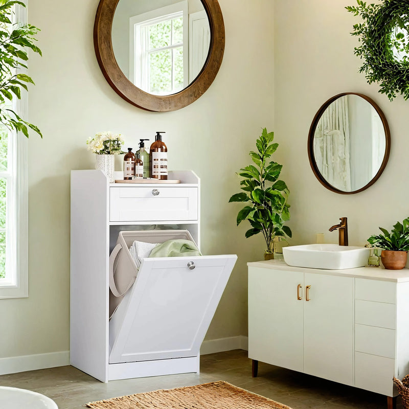 White Bathroom Storage Cabinet with Drawer and Removable Laundry Hamper by Vasagle