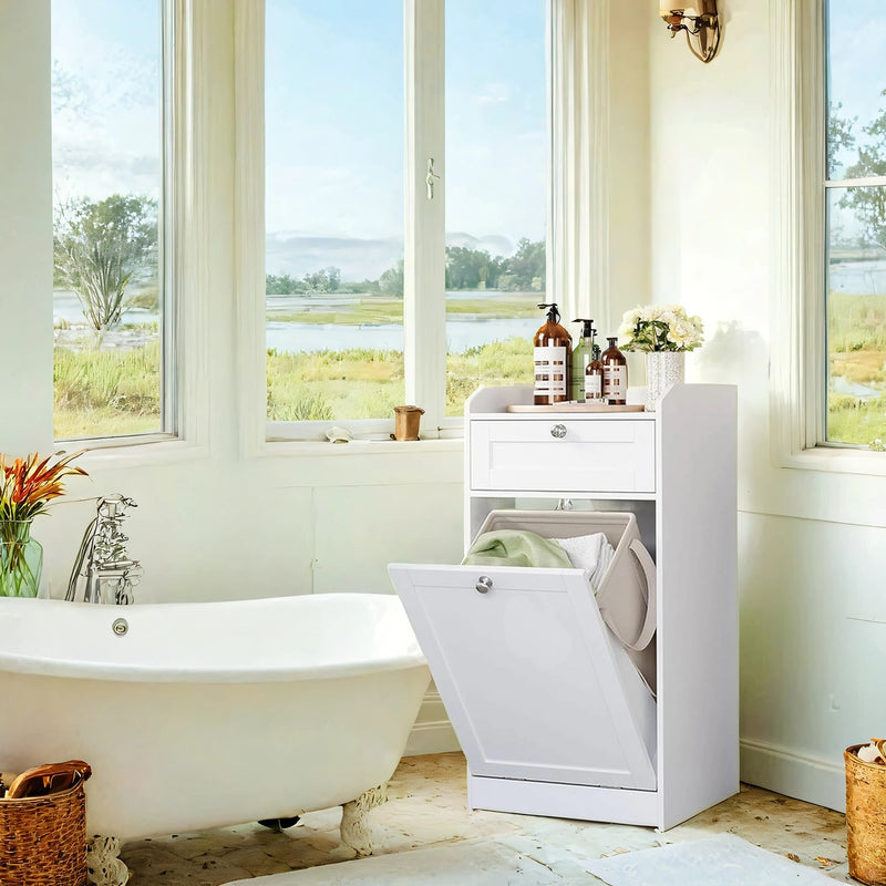 White Bathroom Storage Cabinet with Drawer and Removable Laundry Hamper by Vasagle