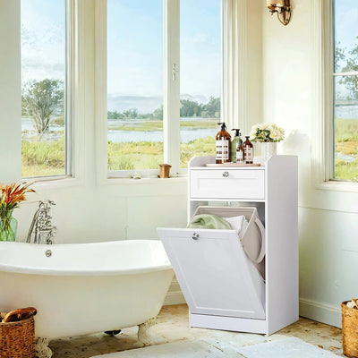 White Bathroom Storage Cabinet with Drawer and Removable Laundry Hamper by Vasagle