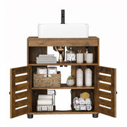 Rustic brown Vasagle bathroom cabinet fitted around pedestal sink