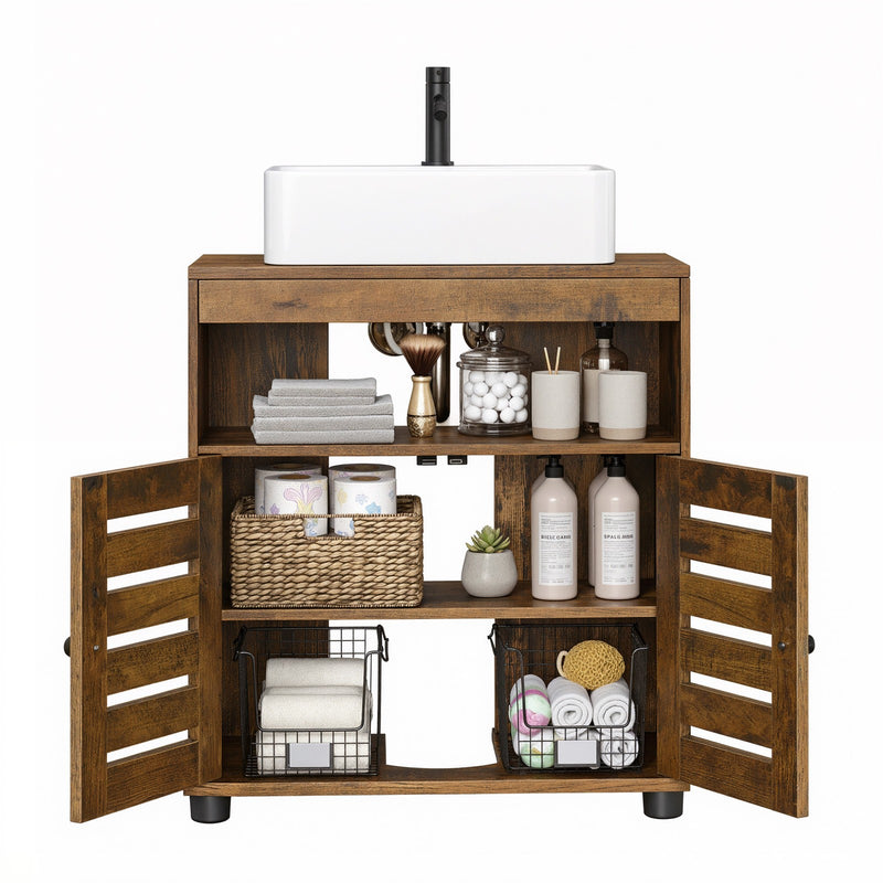 Rustic brown Vasagle bathroom cabinet fitted around pedestal sink