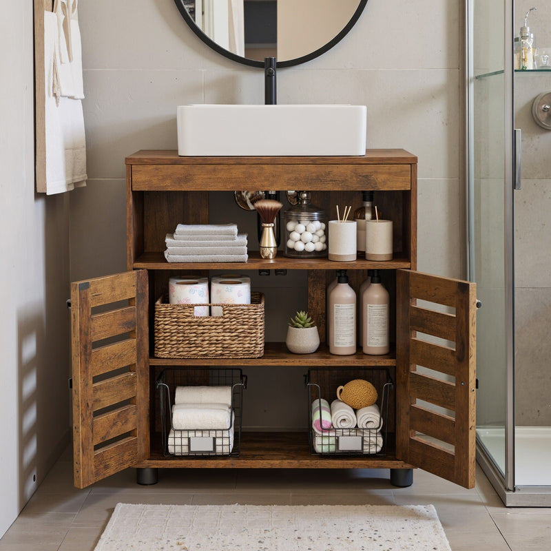 Bathroom cabinet louvred double doors open showing adjustable shelf