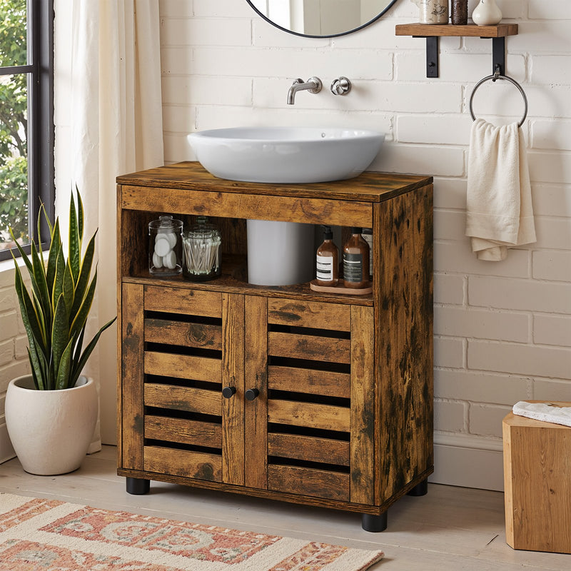 Close-up of louvred door slats on bathroom cabinet