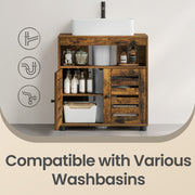 Bathroom cabinet interior shelf holding towels and toiletries