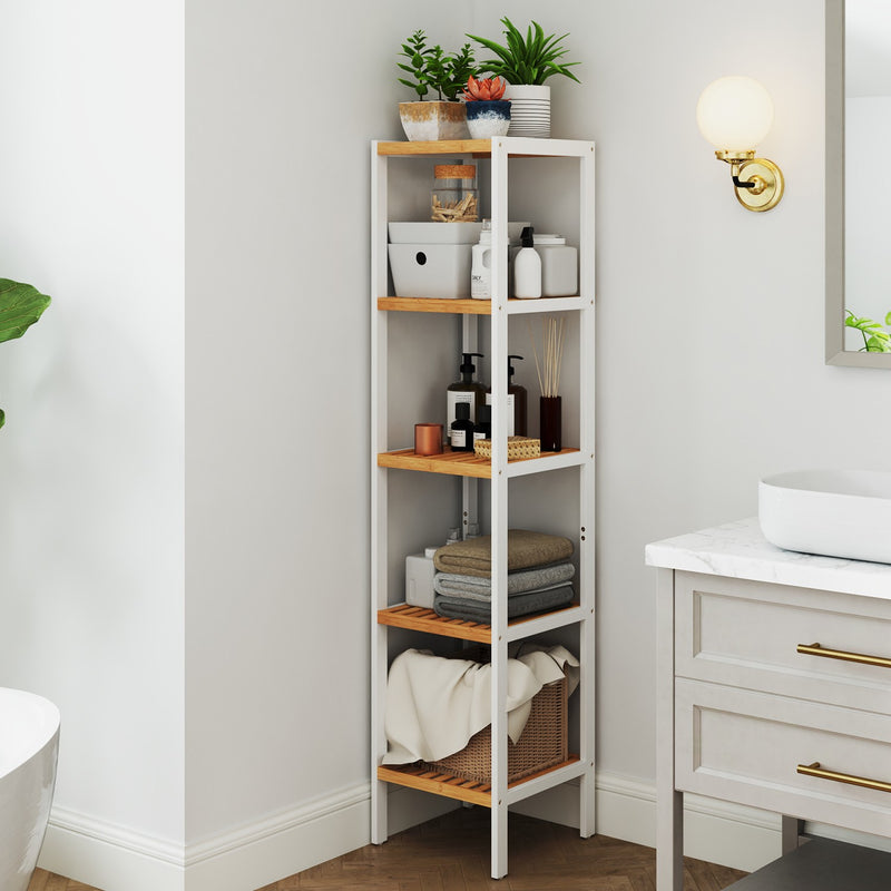 5 Tier Bamboo Bathroom Shelf Freestanding Narrow Storage Unit for Small Spaces by Songmics