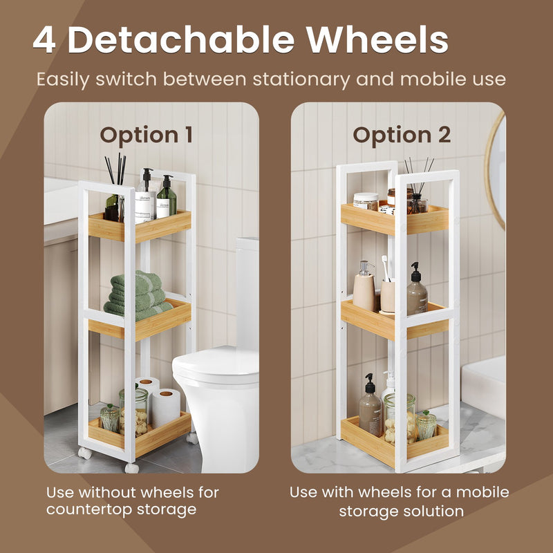 Slim 3 Tier Bathroom Storage Trolley with Wheels Space Saving Design by Songmics