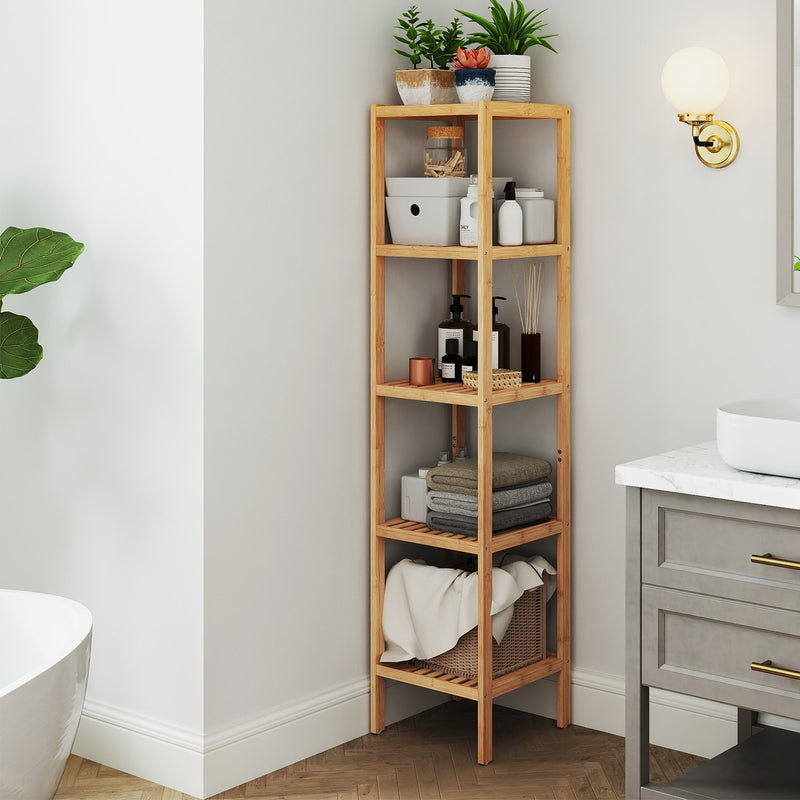 5 Tier Bamboo Bathroom Storage Shelf Freestanding Narrow Space Saving Unit by Songmics