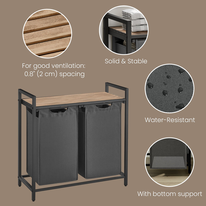 Double Laundry Hamper with Shelf and Two Removable Bags for Clothes Sorting by Vasagle