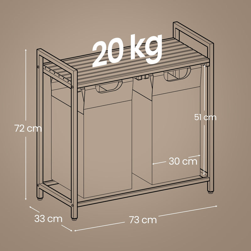 Double Laundry Hamper with Shelf and Two Removable Bags for Clothes Sorting by Vasagle