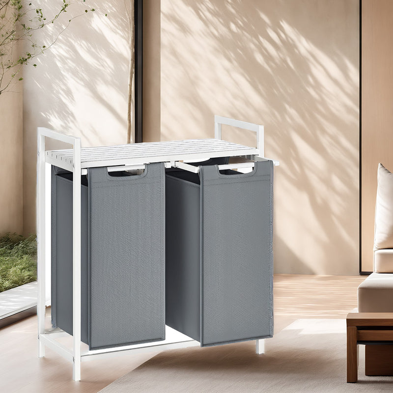 Double Laundry Basket with Shelf and 2 Removable Bags for Clothes Sorting by Vasagle, White & Grey