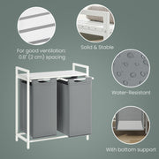 Double Laundry Basket with Shelf and 2 Removable Bags for Clothes Sorting by Vasagle, White & Grey