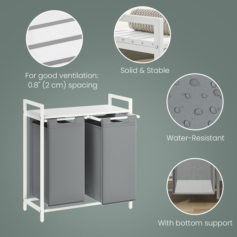 Double Laundry Basket with Shelf and 2 Removable Bags for Clothes Sorting by Vasagle, White & Grey