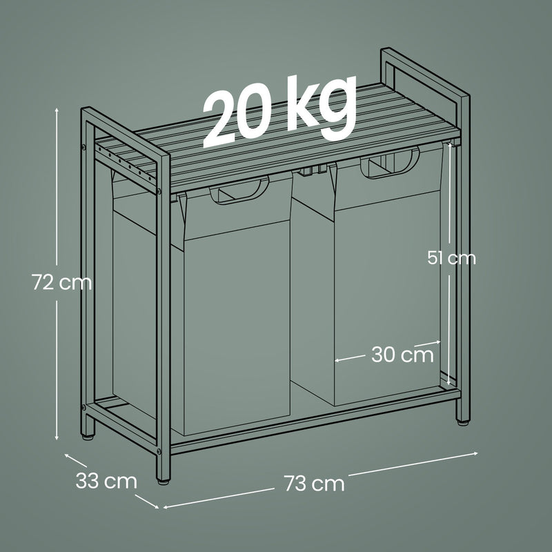 Double Laundry Basket with Shelf and 2 Removable Bags for Clothes Sorting by Vasagle, White & Grey