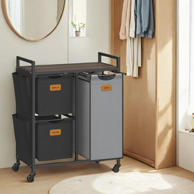 3 Compartment Laundry Hamper with Shelves 100L Rolling Laundry Cart Chestnut Brown by Vasagle