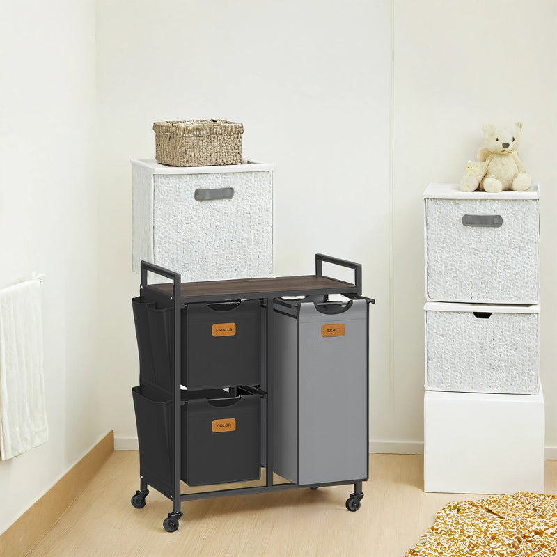 3 Compartment Laundry Hamper with Shelves 100L Rolling Laundry Cart Chestnut Brown by Vasagle