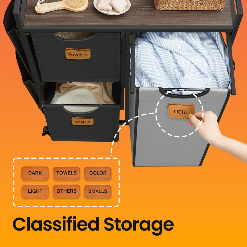 3 Compartment Laundry Hamper with Shelves 100L Rolling Laundry Cart Chestnut Brown by Vasagle