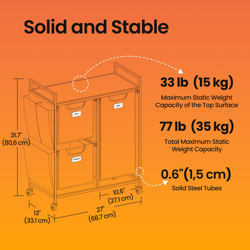 3 Compartment Laundry Hamper with Shelves 100L Rolling Laundry Cart Chestnut Brown by Vasagle