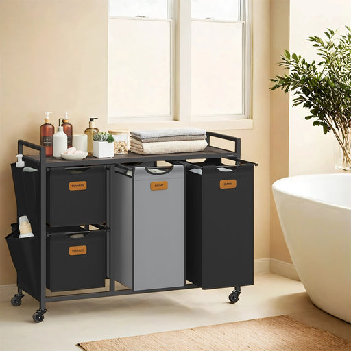 4 Compartment Laundry Sorter with Wheels and Storage Shelves in Chestnut Brown by Vasagle