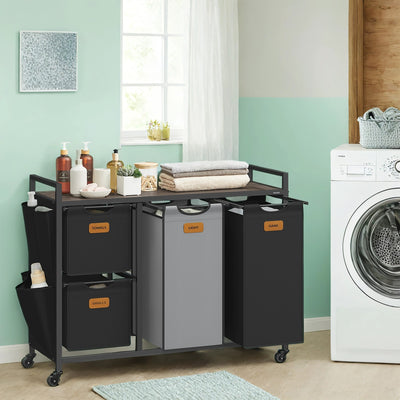4 Compartment Laundry Sorter with Wheels and Storage Shelves in Chestnut Brown by Vasagle
