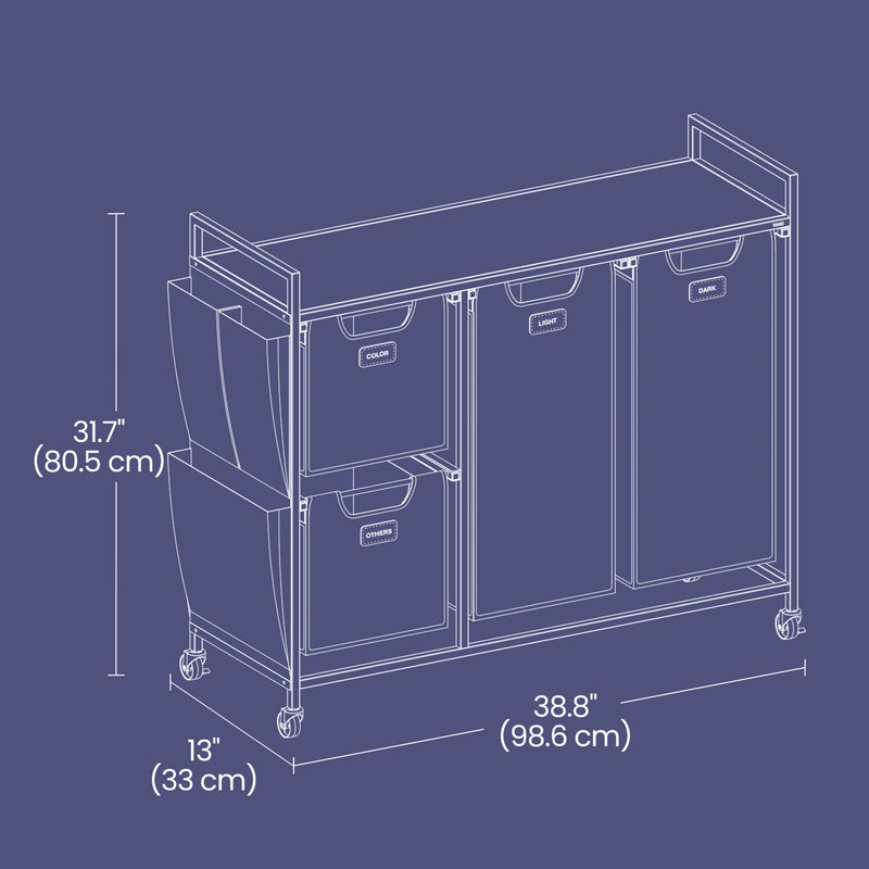 4 Compartment Laundry Sorter with Wheels and Storage Shelves in Chestnut Brown by Vasagle