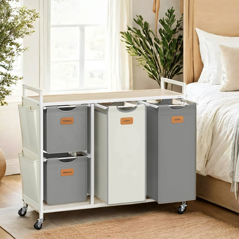 4 Compartment Rolling Laundry Sorter Cart with Removable Bags in Dove Grey and White by Vasagle