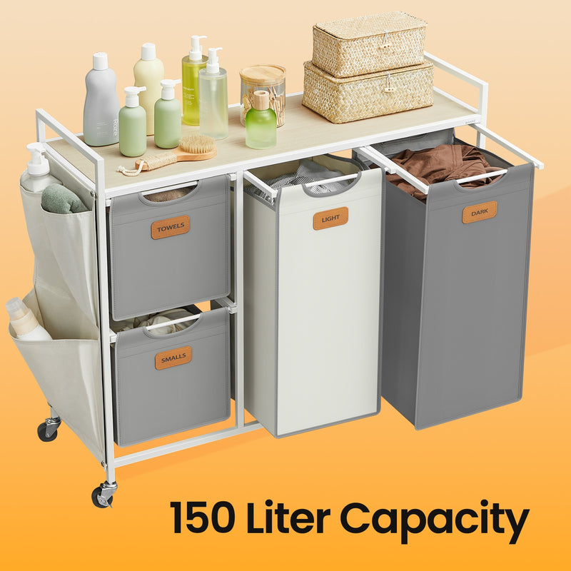 4 Compartment Rolling Laundry Sorter Cart with Removable Bags in Dove Grey and White by Vasagle