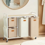 4 Compartment Laundry Sorter Cart with Removable Bags and Wheels in Brown and White by Vasagle